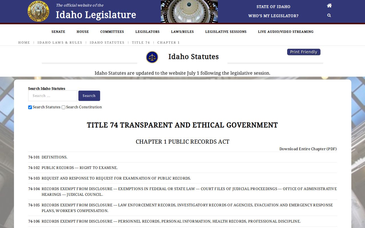 Idaho Public Records Act official text