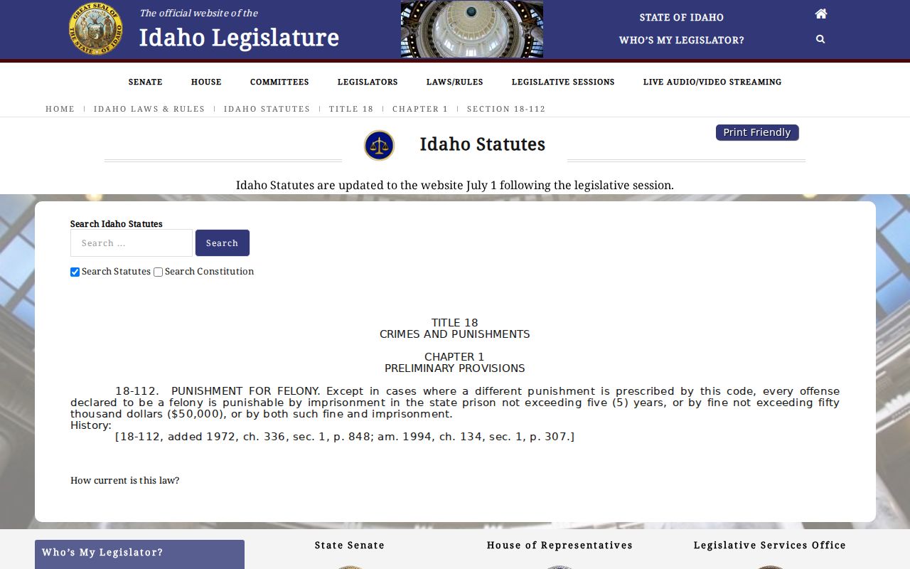 Troy criminal record Idaho felony punishment statute