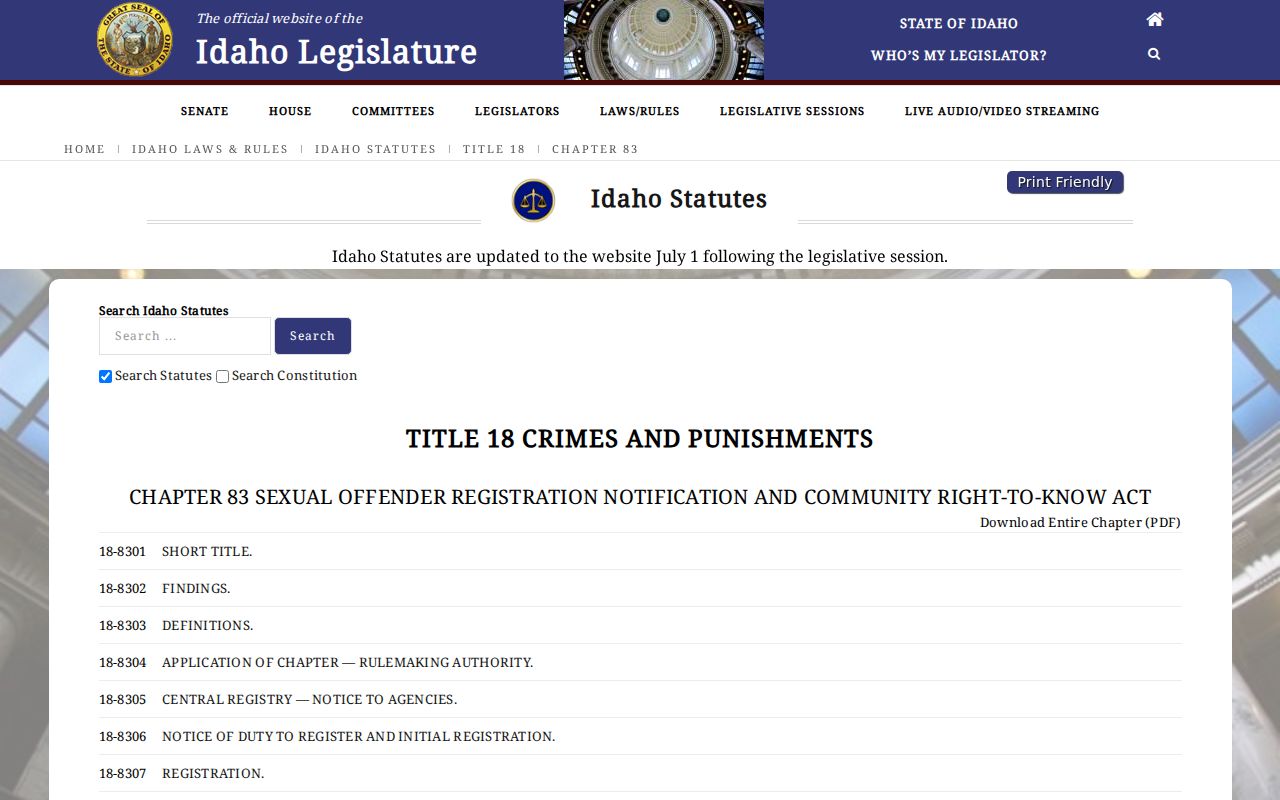 Troy criminal history Idaho registry statute