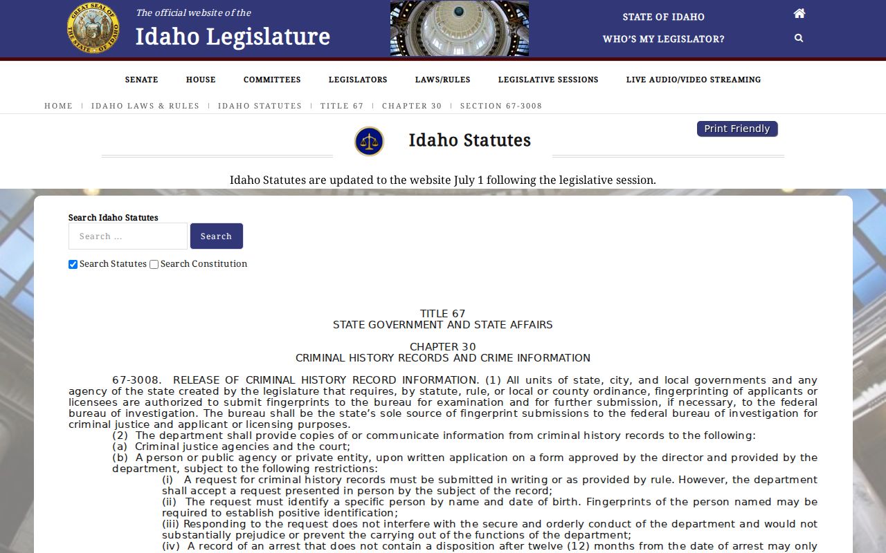 Idaho law governing Latah County arrest history access