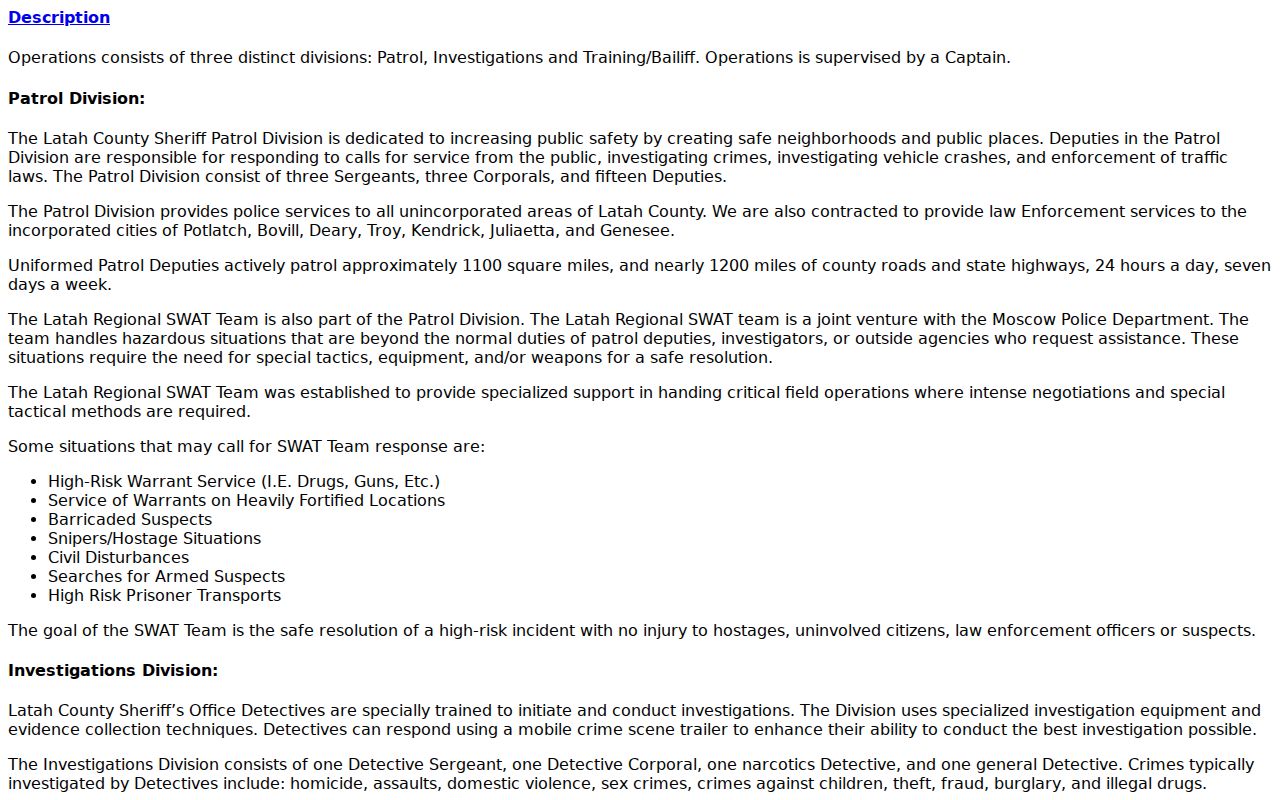 Latah County arrest agency patrol operations