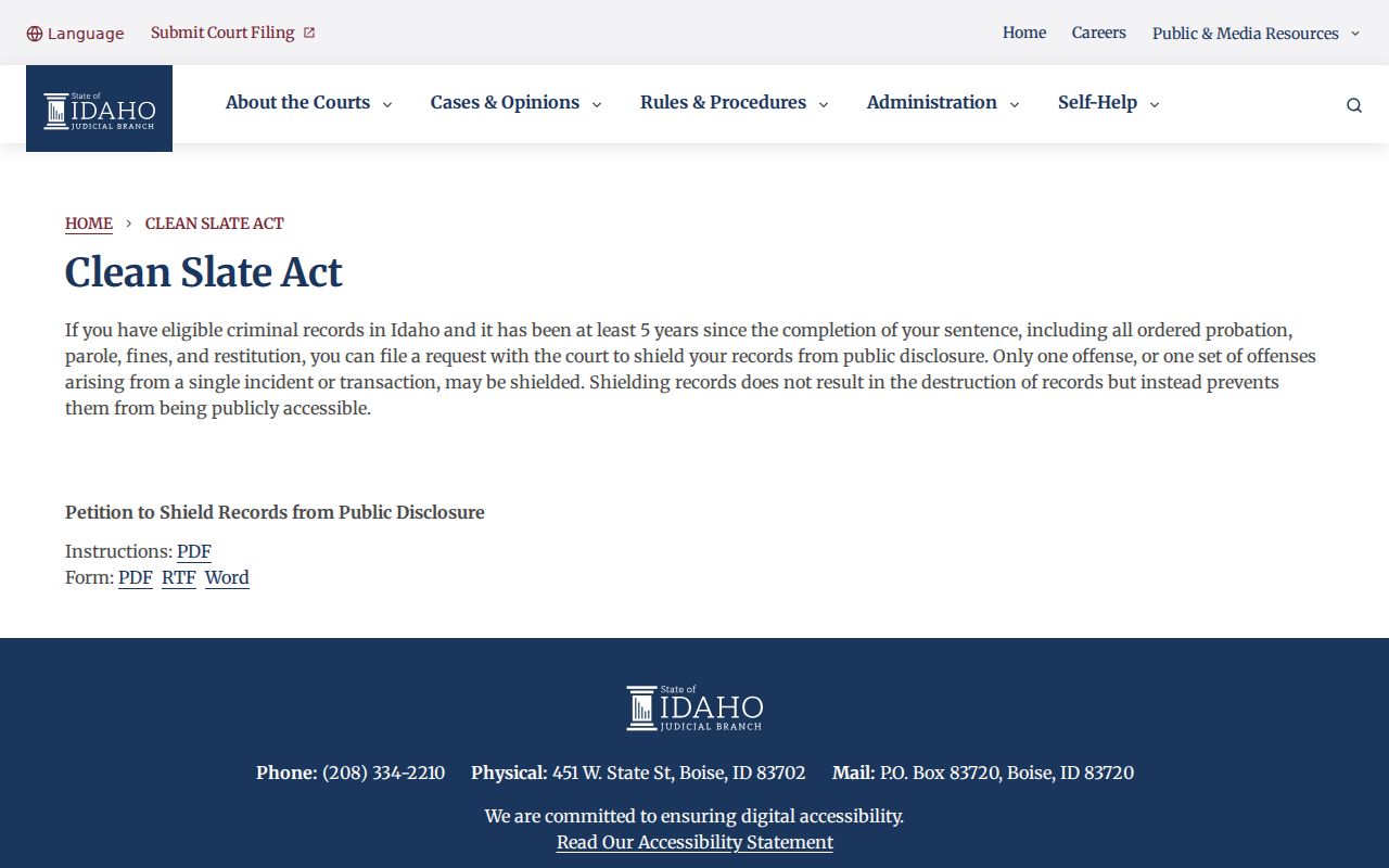 Idaho Clean Slate Act court information