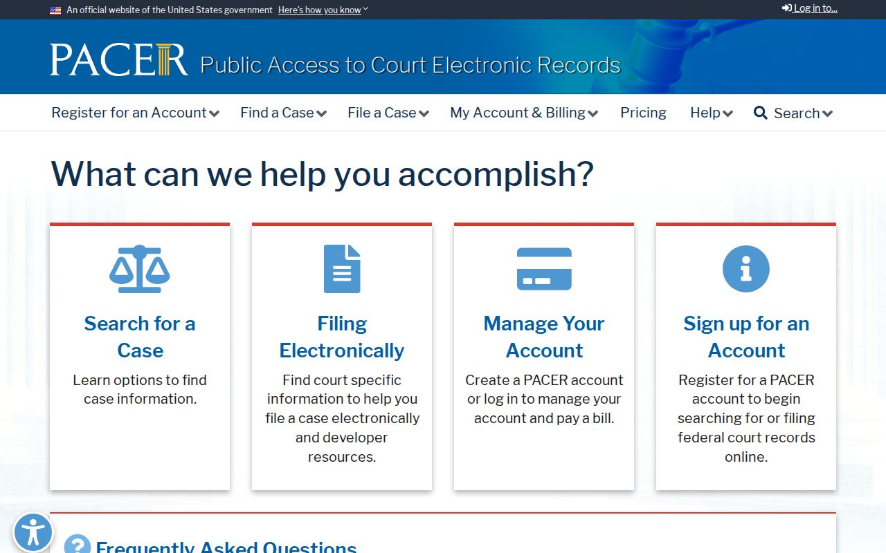 PACER federal court records search page