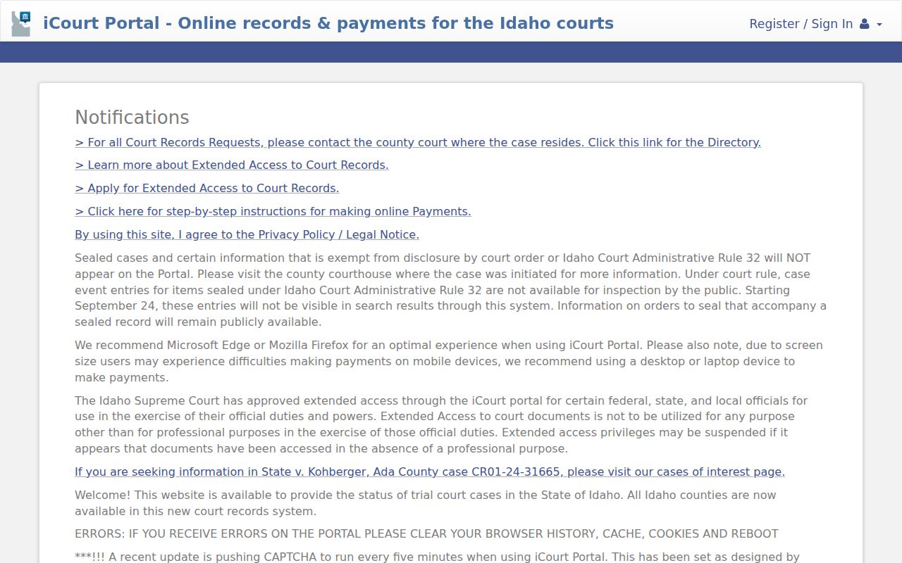 Idaho iCourt public case search screen